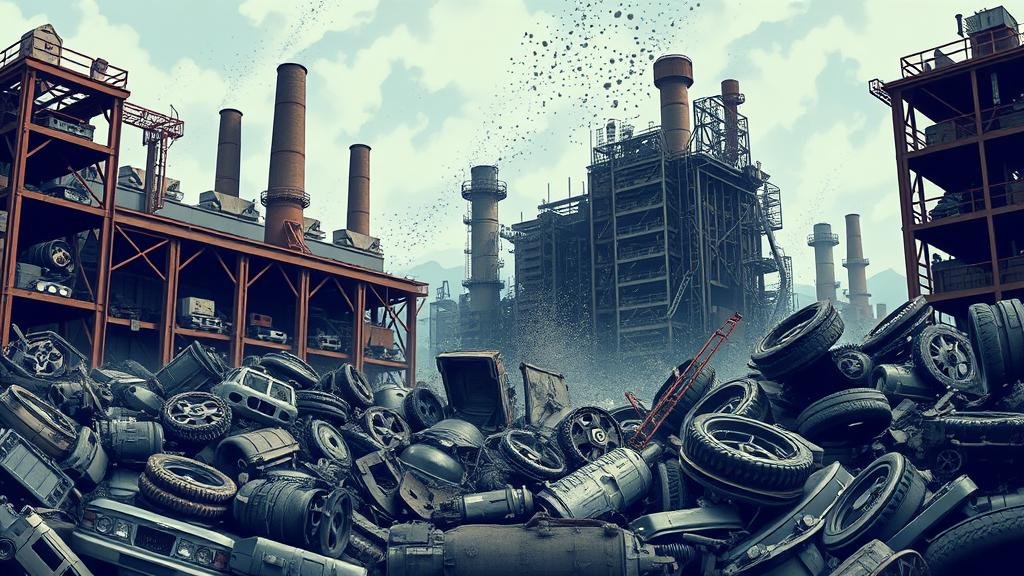 A stylized image of a crumbling factory with automotive parts turning to dust, symbolizing the collapse of an auto parts giant.