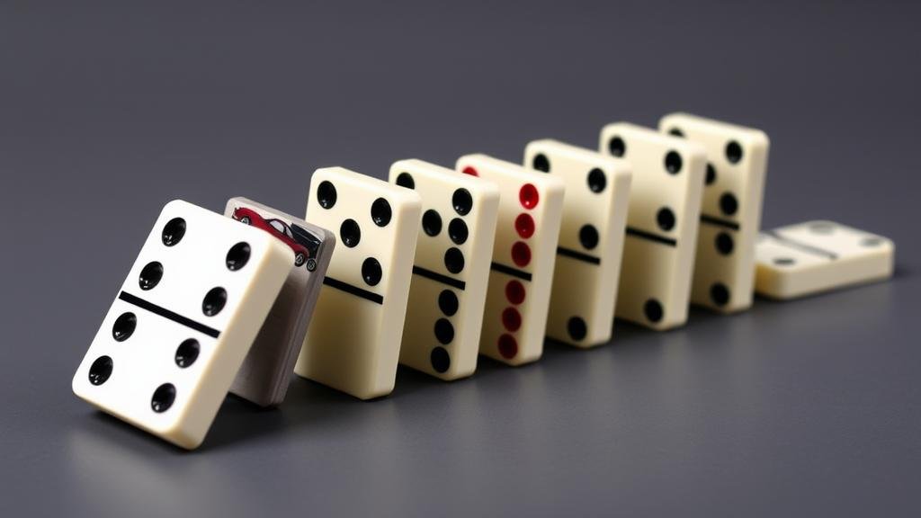 A line of dominoes, starting with an automotive-themed one, toppling over to represent the systemic risk and potential domino effect in the credit markets.