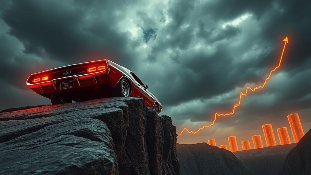 Classic muscle car driving off a financial cliff made of stock charts, symbolizing corporate bankruptcy.