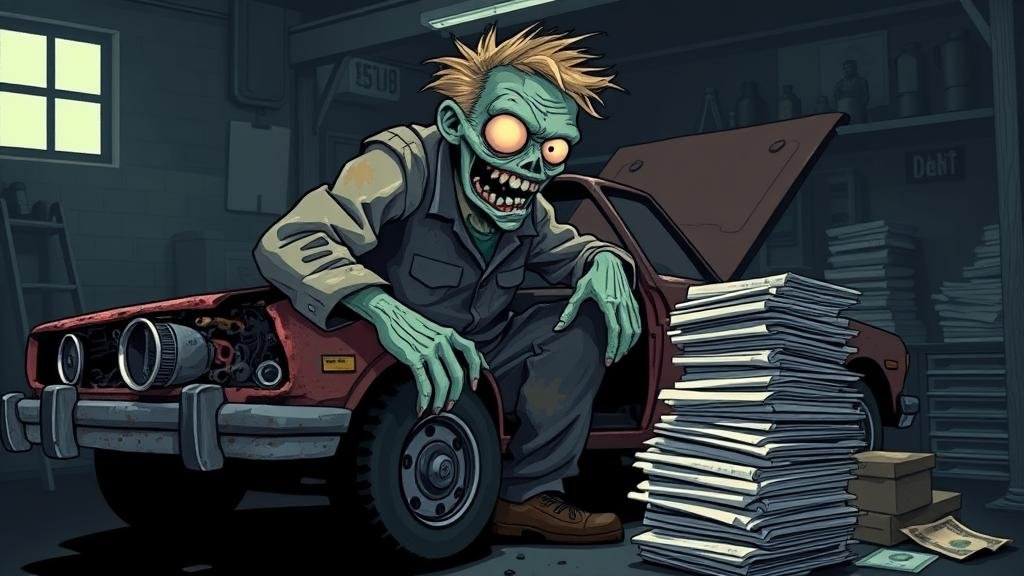Zombie mechanic assembling a car from rusty parts and debt papers, representing a zombie company.