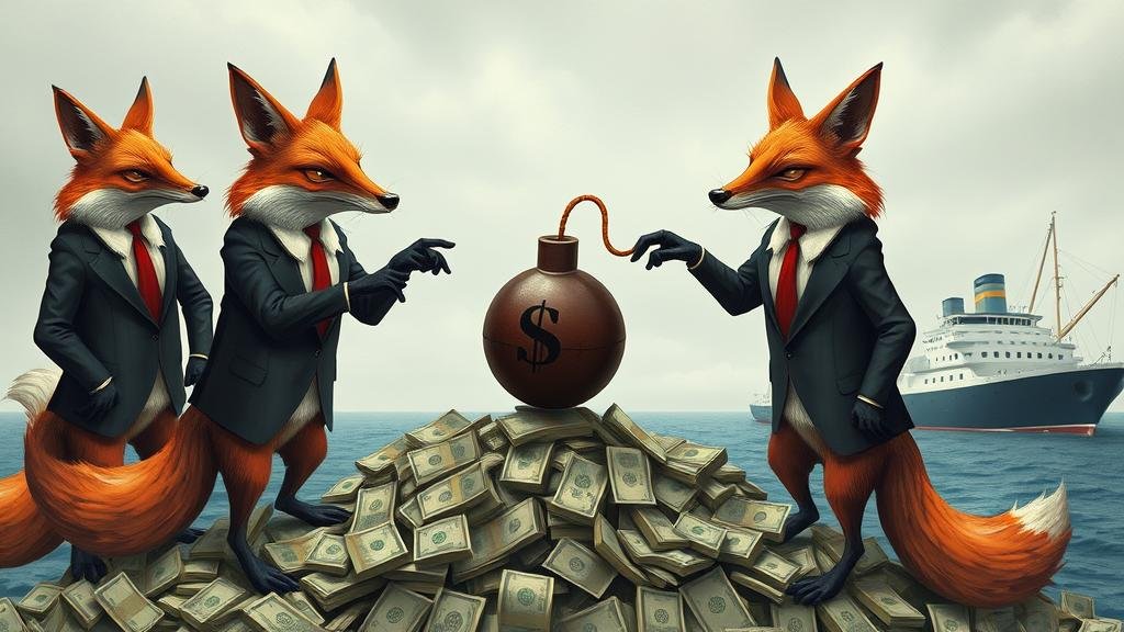 Sly foxes in business suits passing a ticking time bomb as a ship named 'First Brands' sinks in the background.