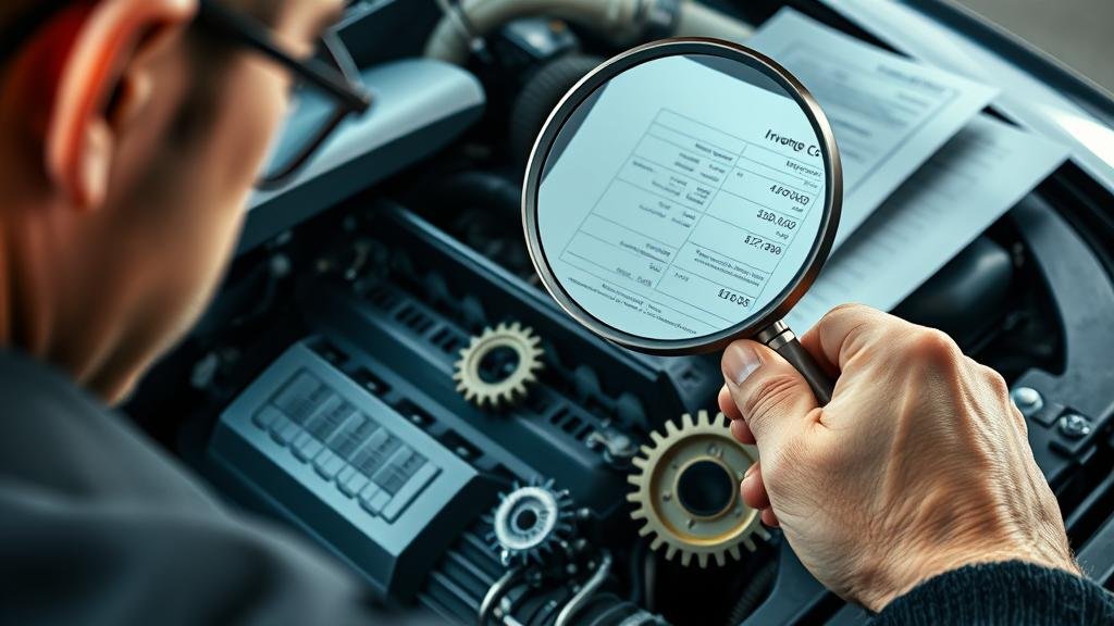 Investor with a magnifying glass inspecting a car engine made of financial documents, symbolizing due diligence.