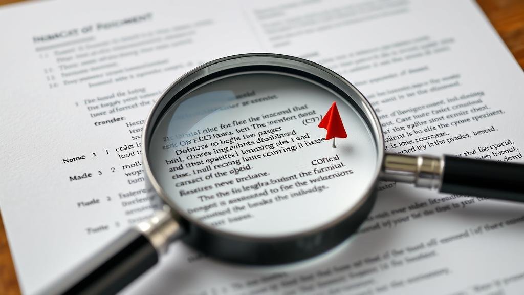 A magnifying glass hovering over a complex financial document, revealing hidden clauses and red flags, representing the importance of due diligence and transparency.