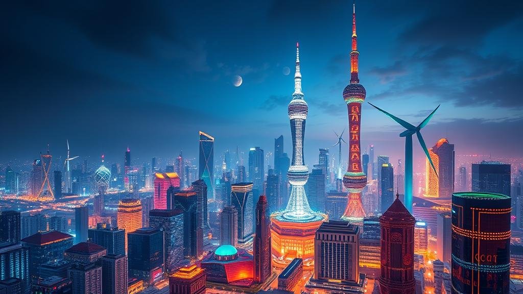 A futuristic cityscape representing China's ambition as a tech powerhouse, with visual elements of artificial intelligence, green energy like wind turbines and solar panels, and advanced semiconductor technology.