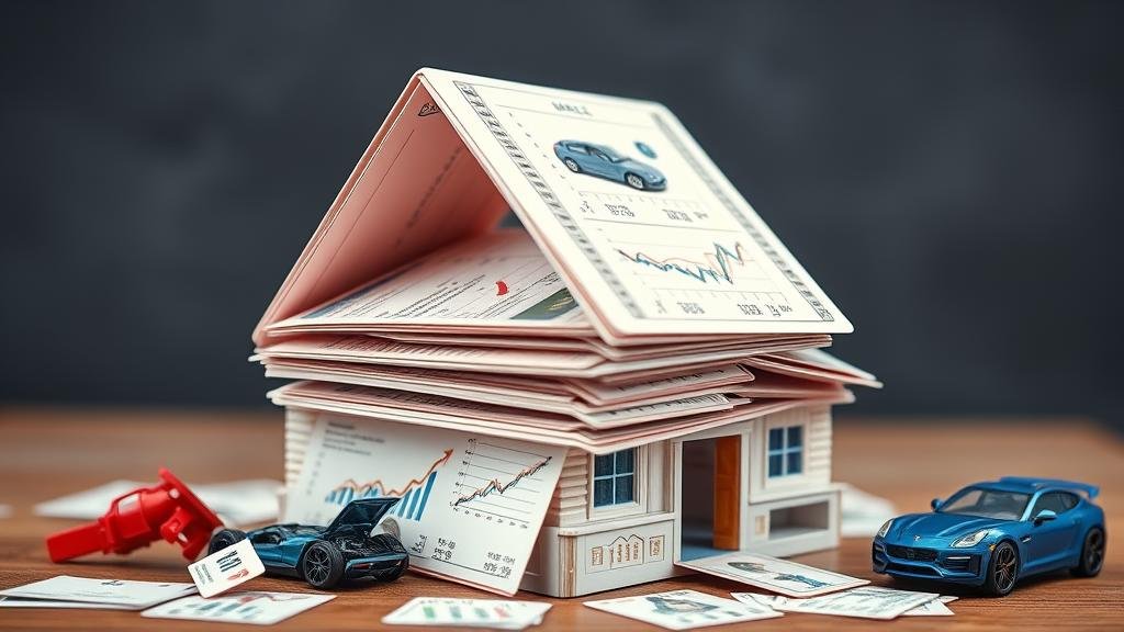 A literal house of cards with financial charts and car parts on them, shaking and about to fall, representing the company's hidden financial instability.