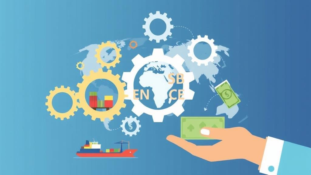 A visual representation of the global supply chain, with gears meshing together, cargo ships moving, and hands exchanging money, illustrating the concept of trade finance.