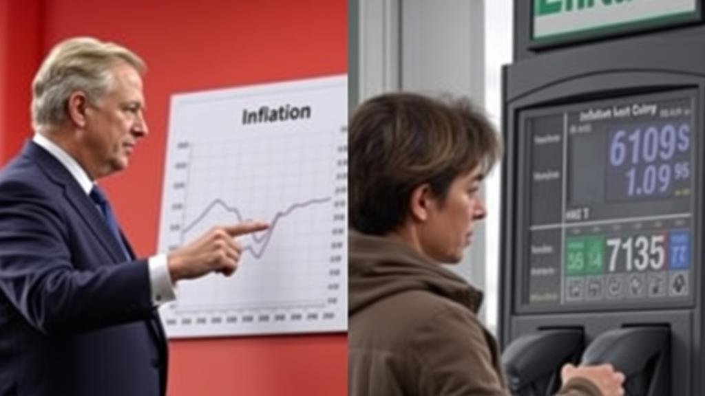A split-screen image. On one side, a politician points to a chart showing inflation decreasing. On the other side, a person looks worriedly at the high price on a gas pump, representing the duel between the official narrative and the consumer's reality.