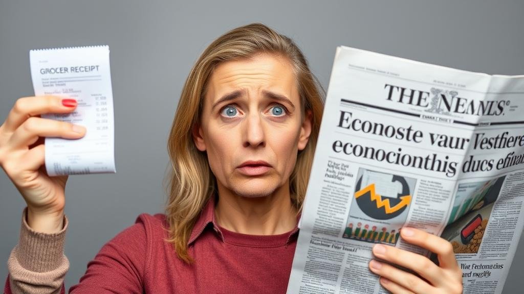 A person looking stressed while holding a grocery receipt in one hand and a newspaper with positive economic headlines in the other, to represent the feeling of economic gaslighting.