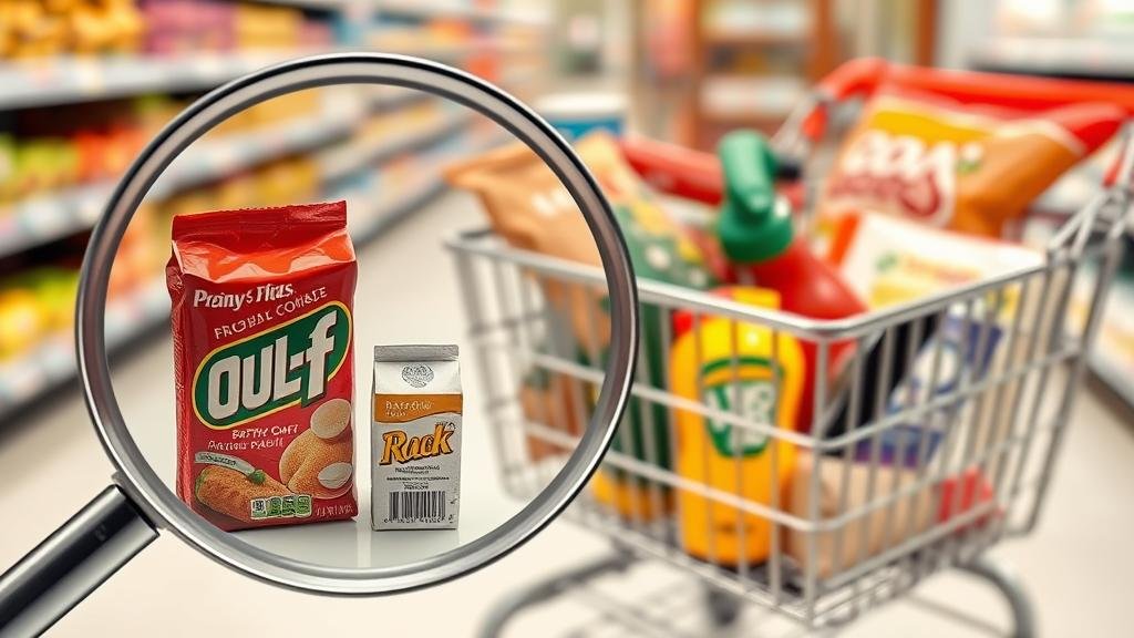 An image depicting the concept of 'shrinkflation,' with a magnifying glass focused on a smaller product next to its older, larger packaging. In the background, a grocery cart is filled with expensive items, symbolizing the high cost of essentials.