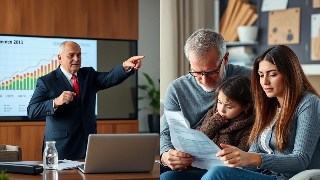 A split screen showing a government official pointing to a positive economic chart on one side, and a concerned family looking at their high bills on the other, representing the gap between economic reports and everyday reality.