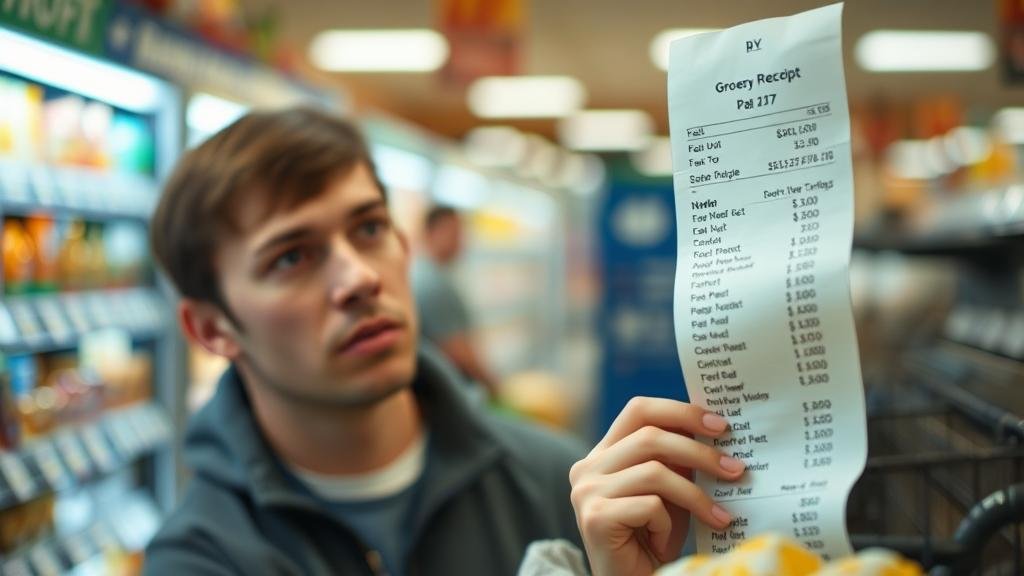 A person staring at a long grocery receipt in disbelief, capturing the feeling of financial pressure despite reports of cooling inflation.
