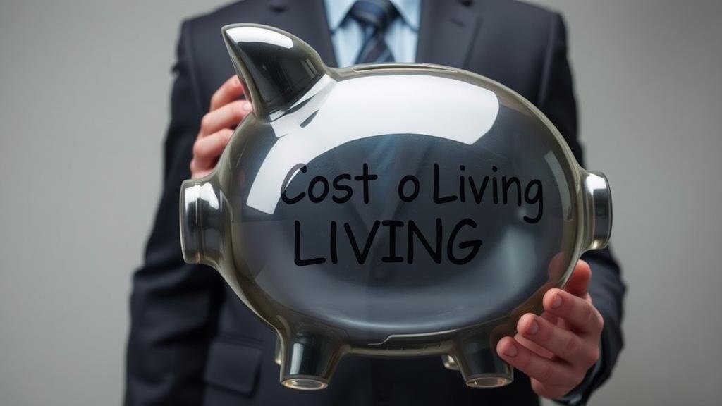 A person feeling the pressure of a giant, semi-transparent piggy bank labeled 'Cost of Living' that is slowly shrinking but still heavy, representing the cumulative effect of inflation.