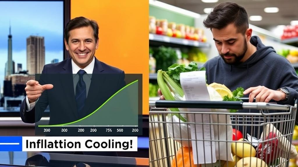 A split-screen image of a news anchor reporting cooling inflation versus a stressed person with an expensive grocery bill.