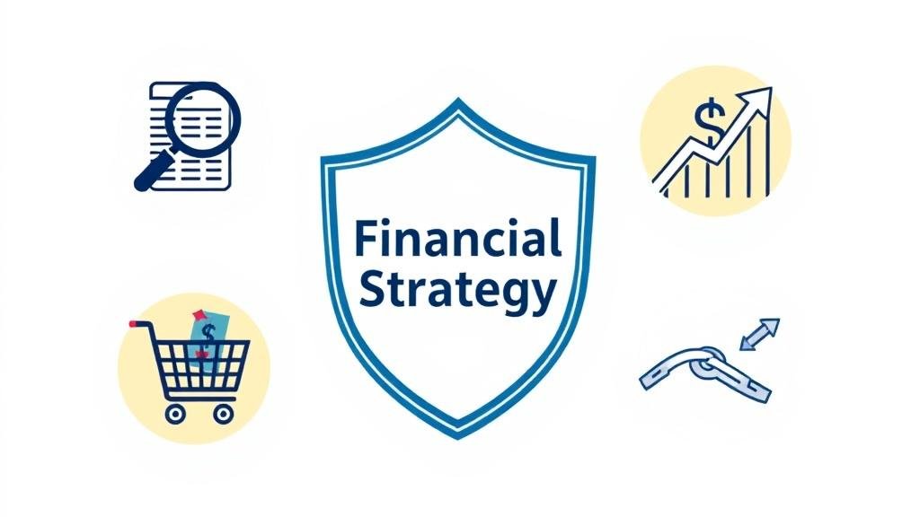A central shield with 'Financial Strategy' written on it, surrounded by four icons: a magnifying glass over a budget, a shopping cart with a price tag and a star, an upward trending arrow with a dollar sign, and a broken chain symbolizing freedom from debt.