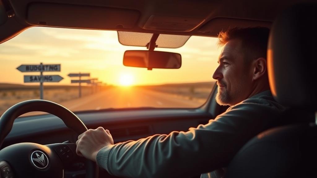 A person with a determined expression is in the driver's seat of a car, navigating a road that has signposts labeled 'Budgeting,' 'Saving,' and 'Investing,' leading towards a bright sunrise, symbolizing taking control of one's financial future.
