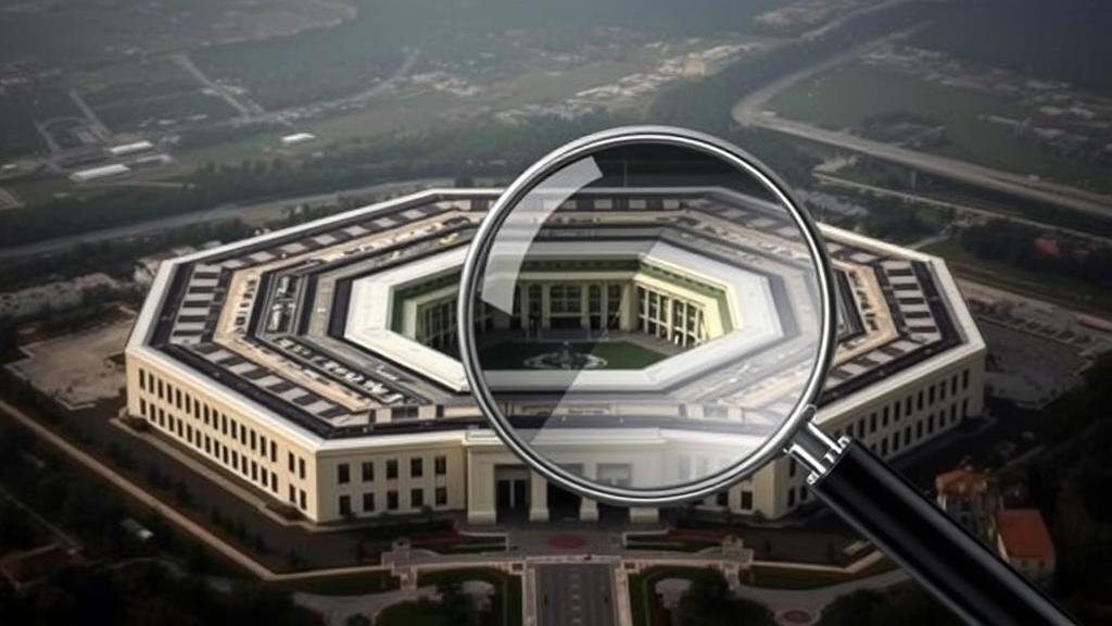 An image of the Pentagon with a magnifying glass over it, symbolizing the Inspector General's investigation and the discovery of a 'power vacuum' and increased national security risks.