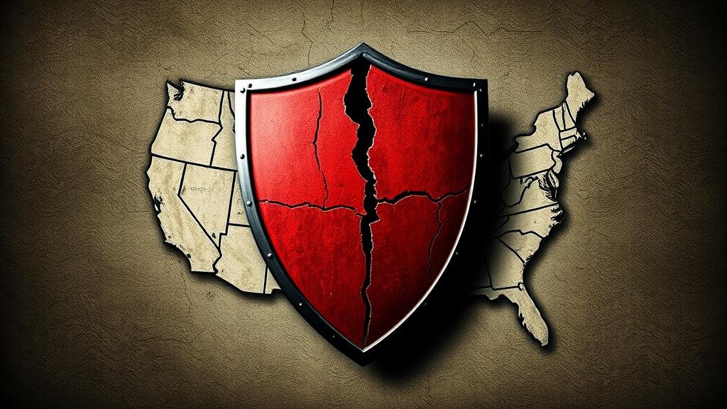 A visual metaphor for the national security risk, such as a cracked shield over the United States, representing the vulnerability created by the lack of transparency and the potential for adversaries to exploit the situation.