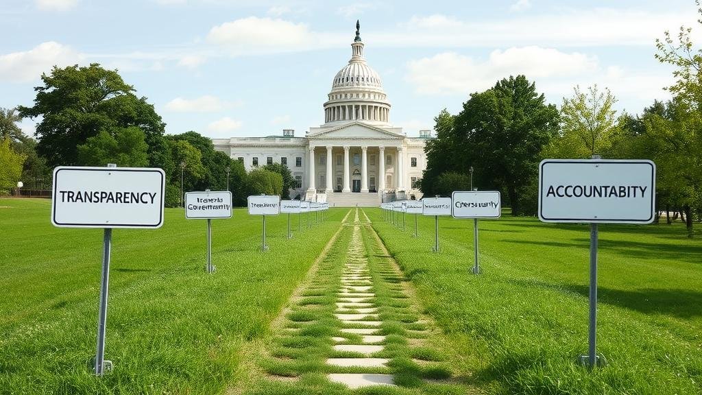 A path leading to a secure government building, with signs for Transparency, Accountability, and Cybersecurity Overhaul.
