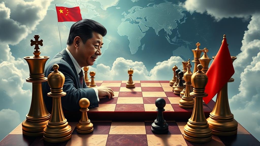 A metaphorical image of a new world order, depicted as a global chess match where Xi Jinping is a dominant player, strategically positioning China as a leading power in a multipolar world.