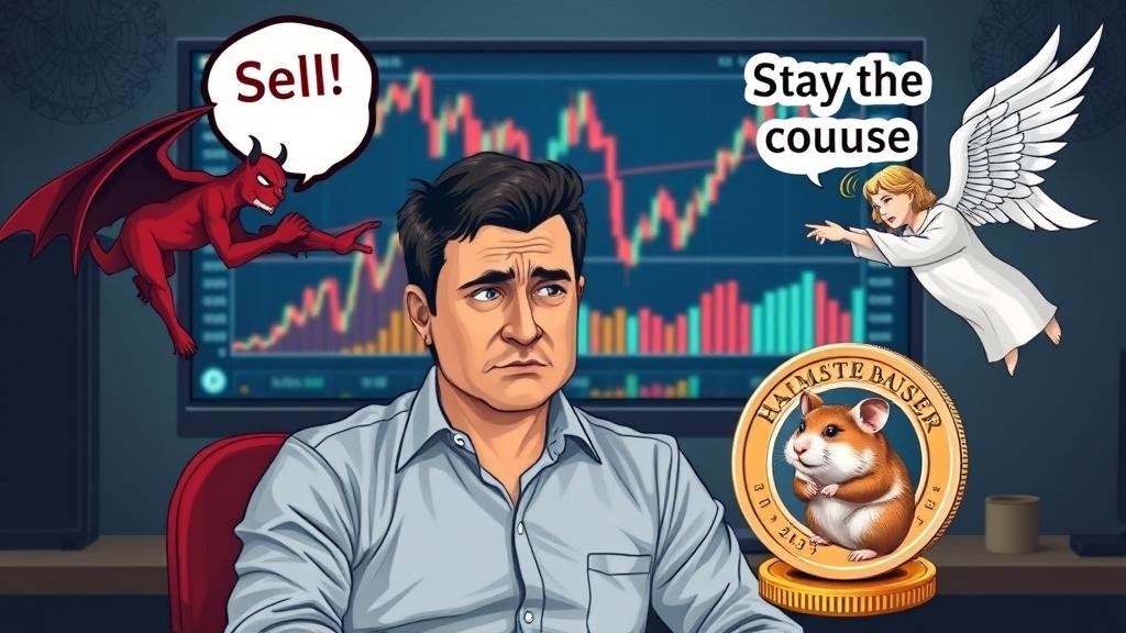 A depiction of an investor looking stressed, sitting in front of a computer screen showing a volatile stock market graph. On one shoulder, a devil whispers 'Sell! Sell!', and on the other, an angel advises 'Stay the course'. In the background, a hamster is shown on a coin, representing meme-based cryptocurrencies.