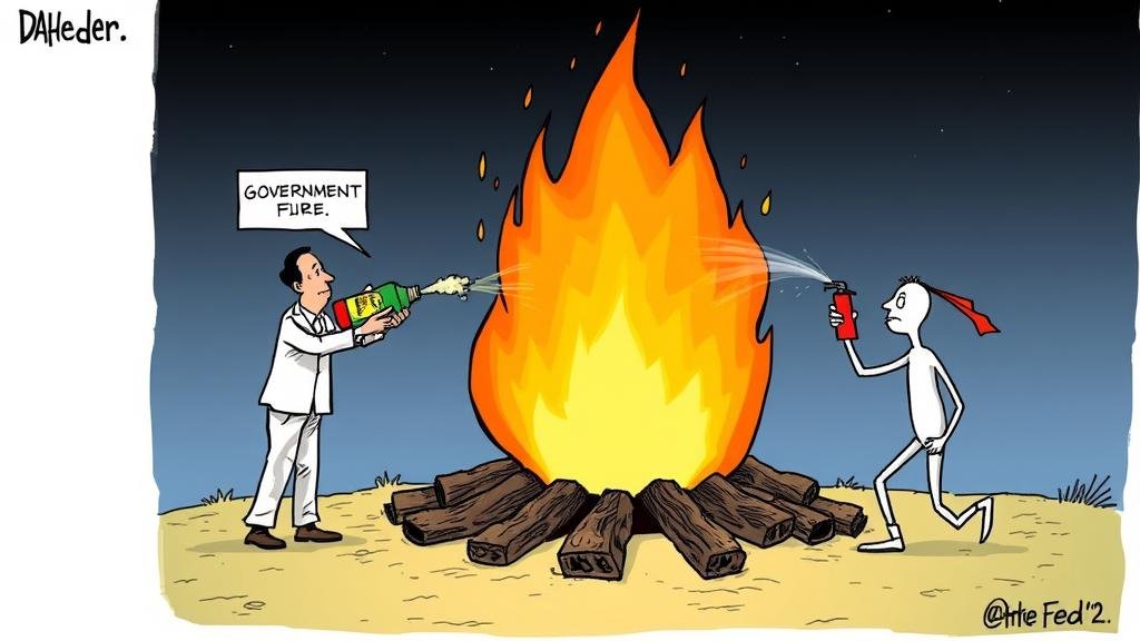 A cartoon illustration of a large campfire representing the economy. A figure labeled 'Government' is pouring gasoline onto the fire, causing it to flare up. Another figure labeled 'The Fed' is trying to spray the fire with a fire extinguisher, representing the conflict between government spending and efforts to control inflation.