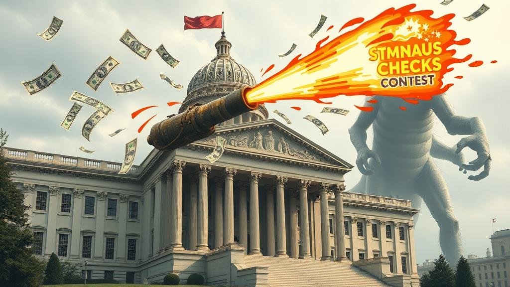 A government building with a cannon on top, firing out stimulus checks and money, with an 'inflation monster' lurking in the background.