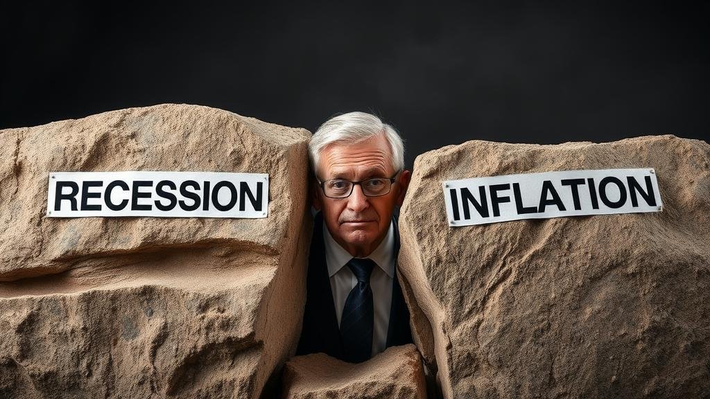 An investor caught between a rock and a hard place, with the rock labeled 'recession' and the hard place labeled 'inflation'.