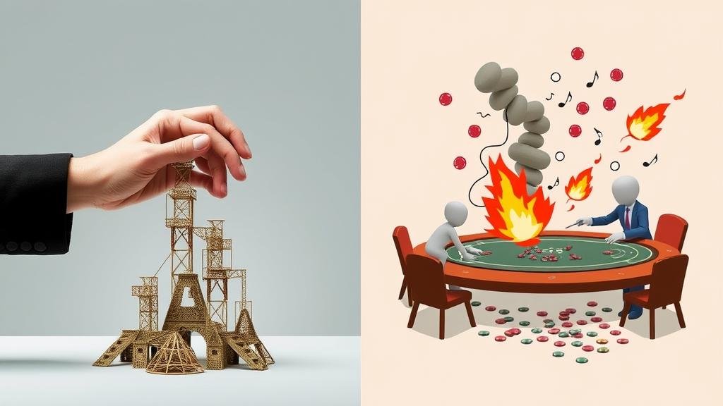 A symbolic image representing stability as a superpower, showing a calm hand building versus chaotic scenes of firefighting and gambling.