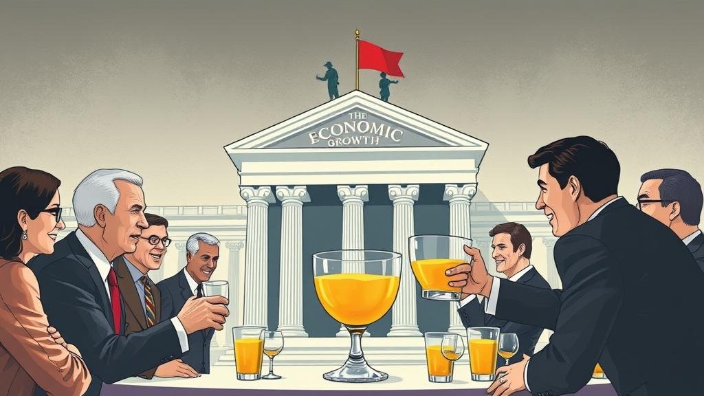 A central bank, depicted as a stern parent, taking away a punch bowl labeled 'economic growth' from a party of investors.
