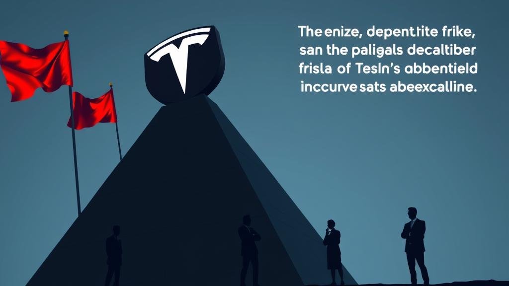 Symbolize the risks of the pay package with a giant Tesla logo balanced precariously on the point of a pyramid, with large red flags at its base. In the shadow, concerned investors and executives look on, highlighting the dependency on one person.