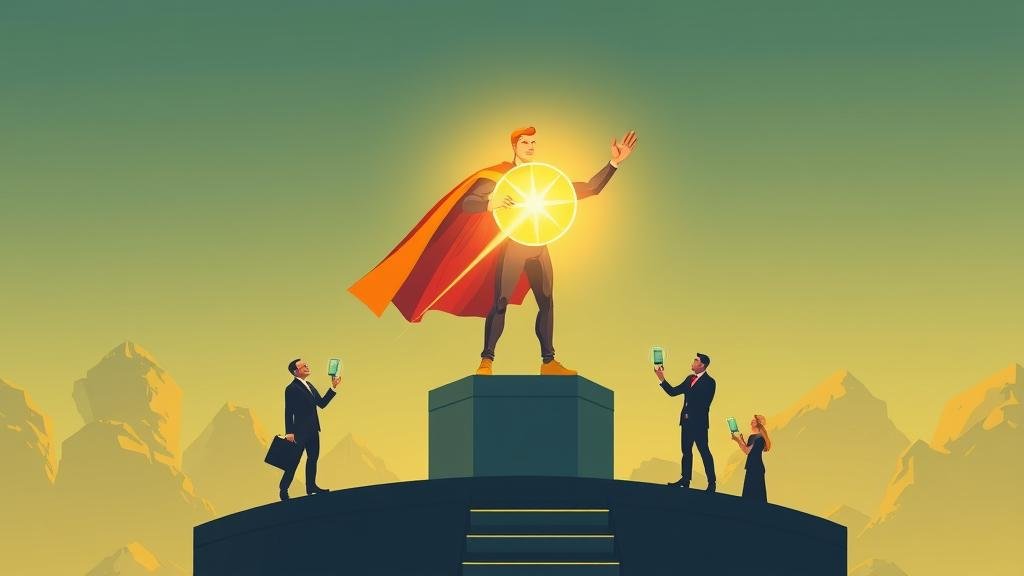 Depict the 'Super-CEO' concept with a heroic, larger-than-life leader on a platform high above other executives, being awarded a glowing, celestial object. This represents a new, galactic-scale of compensation, setting a new precedent for executive earners.