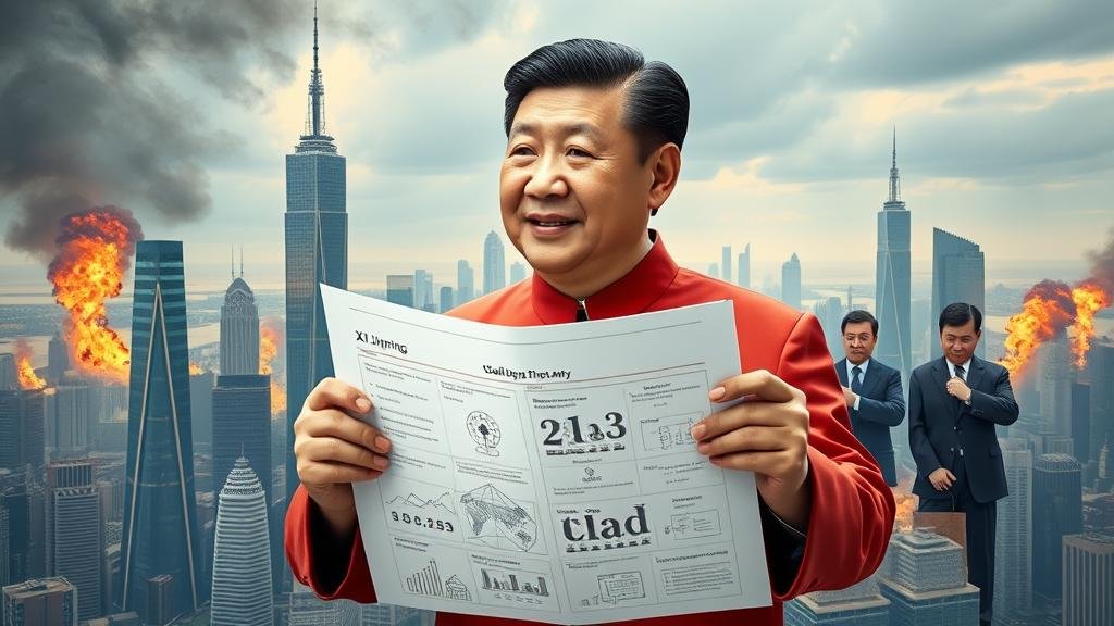 An image of Xi Jinping as a patient architect, meticulously building a futuristic city skyline that incorporates symbols of technology and global diplomacy.