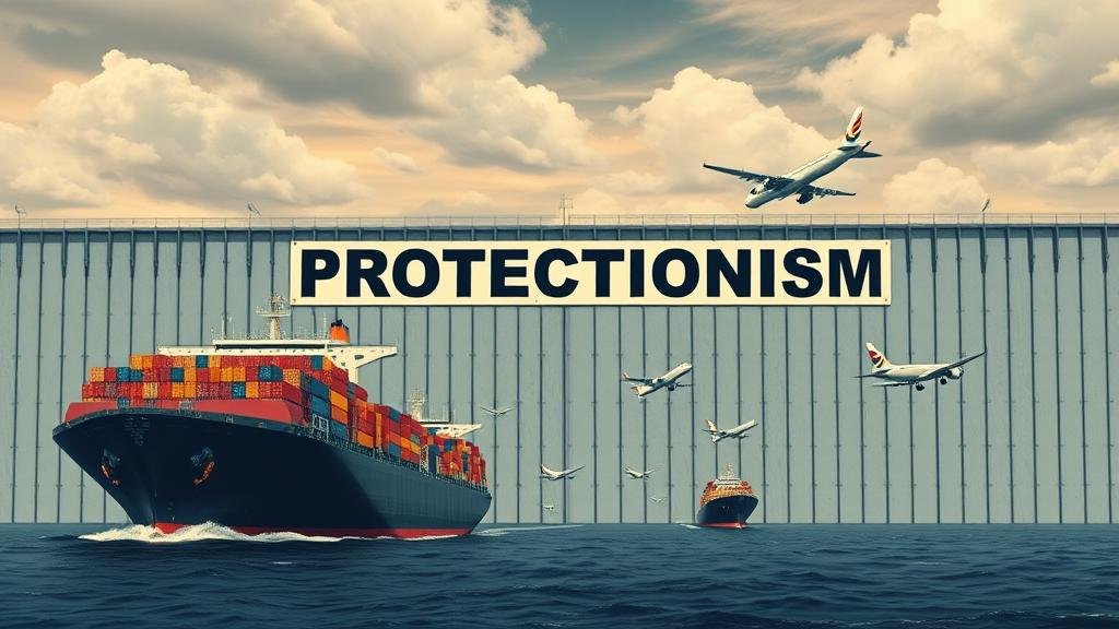 A large, ominous wall labeled 'Protectionism' being built, with cargo ships and airplanes representing global trade being turned away or blocked.