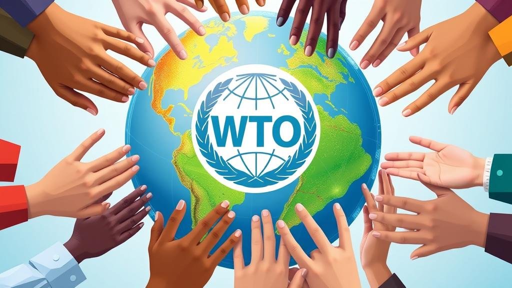 A vibrant, interconnected globe with the WTO logo at its center, surrounded by diverse hands working together to build and support it, representing the necessity and benefits of multilateralism.