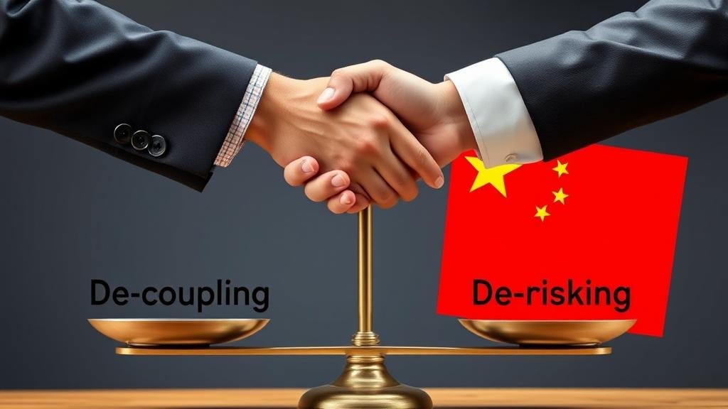 A German and a Chinese business person shaking hands over a balancing scale, with the words 'De-coupling' on one side and 'De-risking' on the other, symbolizing a shift in economic strategy.