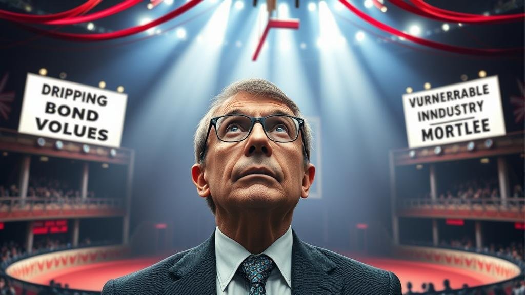 An investor looking concerned at a three-ring circus representing financial threats like bond values, stock market squeeze, and vulnerable sectors.