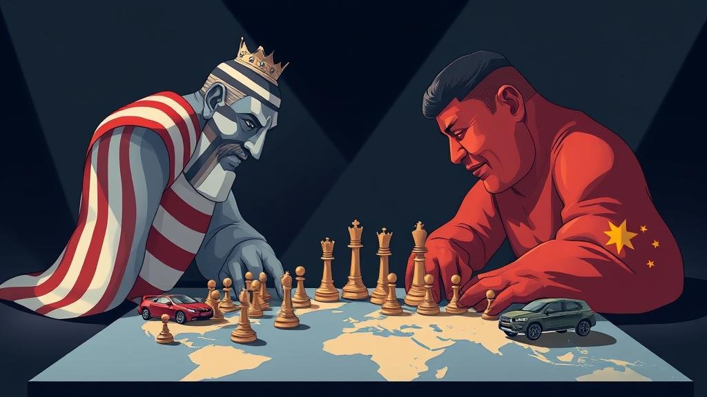 A high-angle shot of a chaotic food fight in a grand hall with business professionals throwing food, symbolizing trade tariffs and economic sanctions.