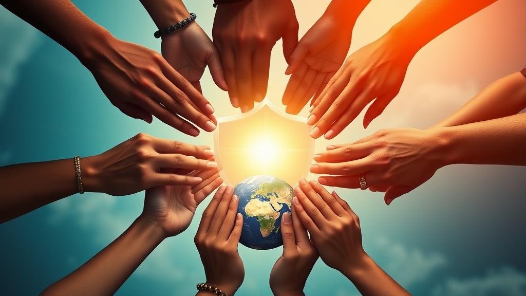 An inspiring, hopeful image like a superhero movie poster, where a diverse group of hands come together to form a glowing shield protecting the Earth, representing multilateralism.