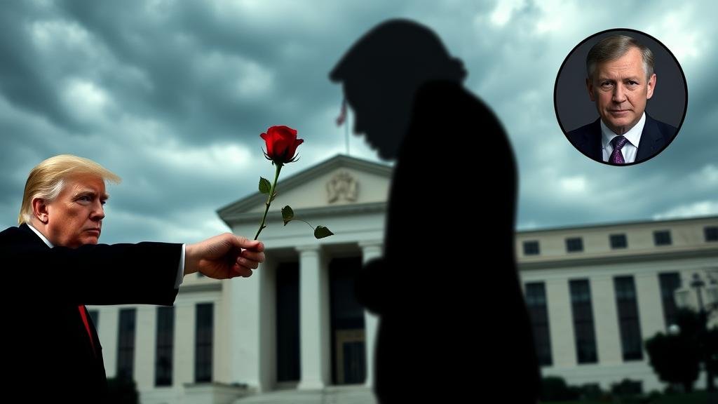 A dramatic, slightly mysterious image of a single red rose being handed to a shadowy figure representing the next Fed chair, with the Federal Reserve building looming in the background under a cloudy sky. In the periphery, subtle portraits of Donald Trump and Kevin Hassett are visible, hinting at the political intrigue.