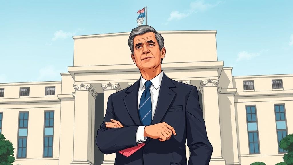 An illustration of a distinguished man in a suit, standing authoritatively with the Federal Reserve building in the background.