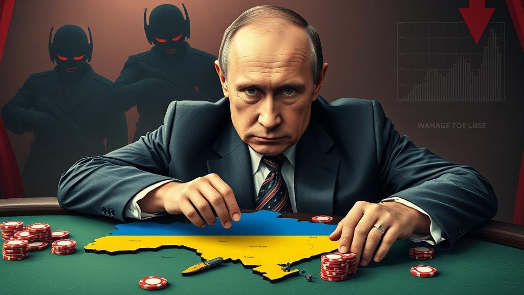 An image of Vladimir Putin as a high-stakes gambler at a poker table with chips shaped like tanks and missiles pushed onto a map of Ukraine.