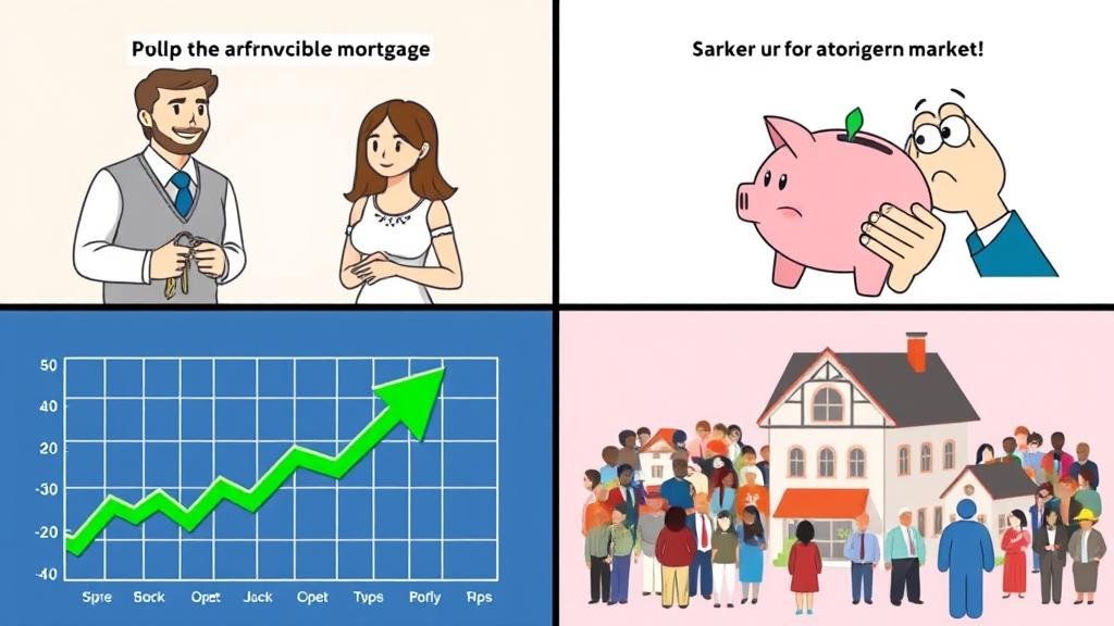 A split-screen illustration showing the diverse financial impacts of Fed policy on the average person, including home buying, savings, and investments.
