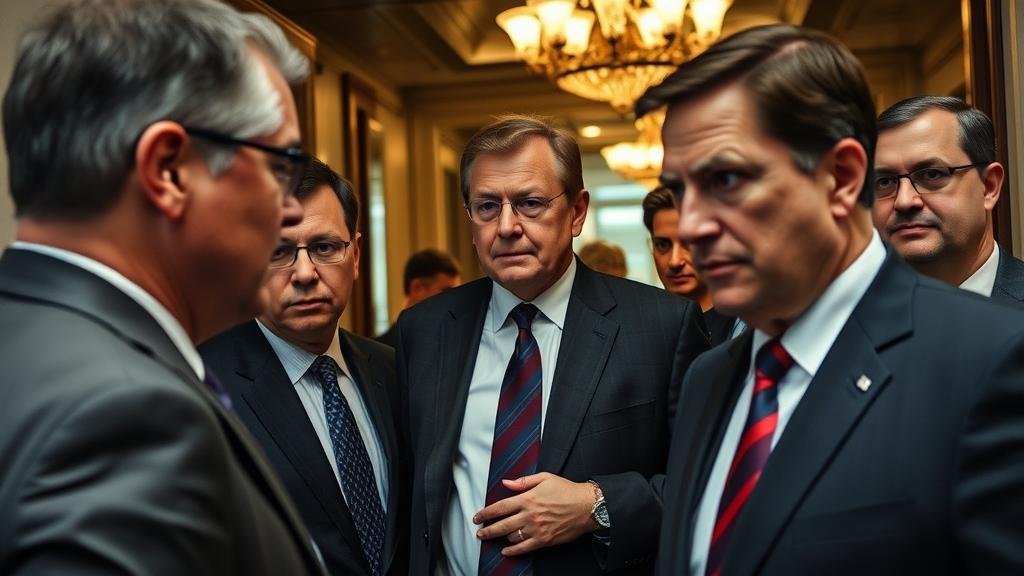An image capturing the tension of a delicate diplomatic mission. An unofficial American envoy, a real estate mogul, arrives in Kyiv to brief Ukrainian officials. The atmosphere is tense and uncertain, with the Ukrainian officials looking skeptical.