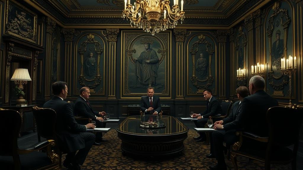 A dramatic, cinematic shot of a high-stakes, secret meeting in a grand, opulent room in the Kremlin. A real estate mogul and a former president's son-in-law are in a tense, four-hour-long negotiation with the Russian president.