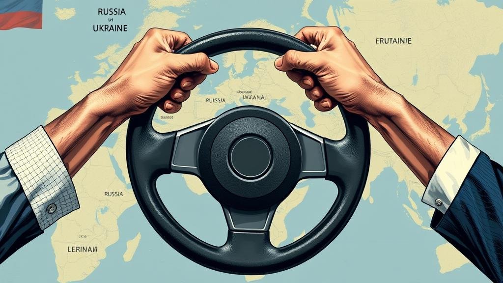A conceptual image illustrating the chaos of freelance diplomacy. Two sets of hands are wrestling for control of a single steering wheel, symbolizing the confusion and risk of having unofficial channels interfering with formal foreign policy. In the background a map of the world with a focus on russia and ukraine.