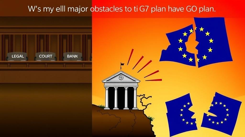 A depiction of the major obstacles to the G7 plan: a courtroom scene for the legal challenges, a shaky foundation under a European bank to represent financial instability, and a fractured European Union flag to symbolize the lack of unity.