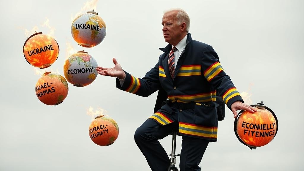 An image of Joe Biden dressed as a firefighter, expertly juggling multiple burning globes labeled 'Ukraine,' 'Israel-Hamas,' and 'Economy.'