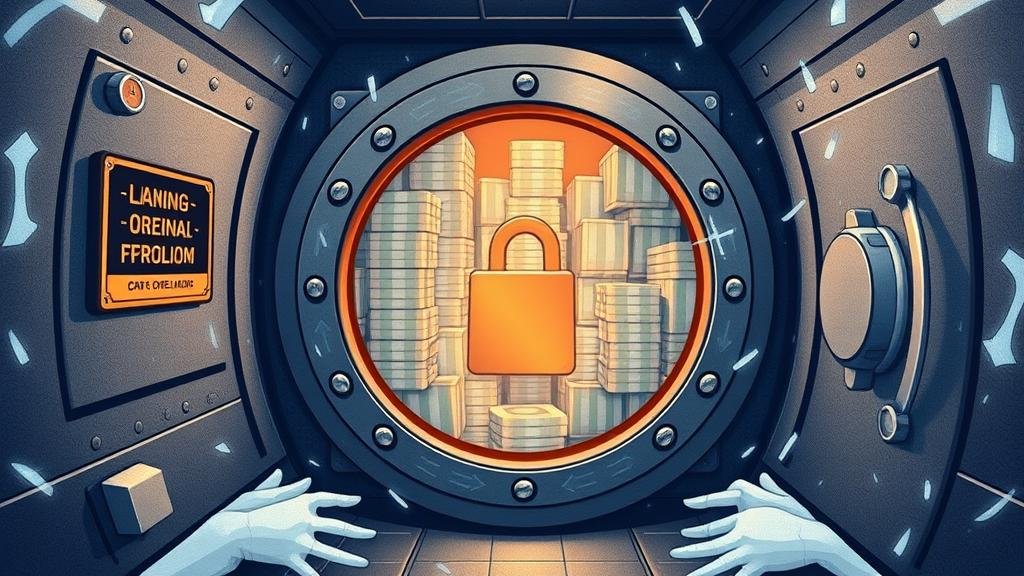 An illustration of the nearly $300 billion in frozen Russian sovereign assets, physically held in a high-security vault like Euroclear in Belgium, depicted in a state of financial limbo, legally owned by Russia but inaccessible.