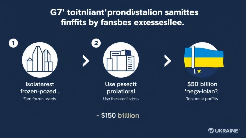 A step-by-step infographic detailing the G7's innovative financial strategy: 1. Isolating profits from frozen assets. 2. Using these profits as collateral. 3. Delivering a $50 billion 'mega-loan' to Ukraine.