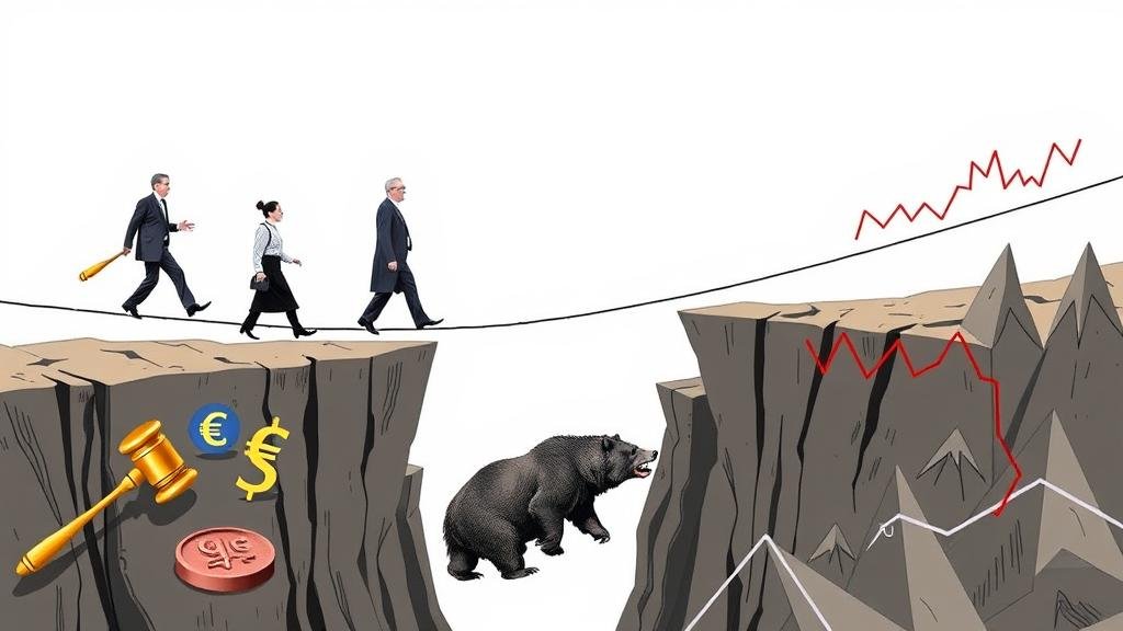 A metaphorical illustration of the legal and financial minefield the G7 is navigating: A group of diplomats carefully walking a tightrope made of currency symbols (dollar, euro) over a dangerous chasm. Below them are symbols of the risks: gavels for legal challenges, a roaring bear for retaliation, and jagged, volatile stock charts for financial instability.